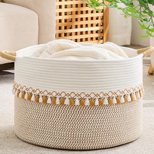KAKAMAY Cotton Rope Storage Basket (20"x13"),Woven Hamper for Blankets,Toys,Pillows,Clothes,Laundry,Sturdy Handles Decorative Basket for Living Room, Bedroom,Nursery(Brown/Grey) - color: Brown and Taupe
