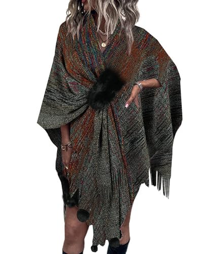 Women's Shawls and Wraps Open Front Poncho Cape Winter Sweater - color: R11-black Grad Knit