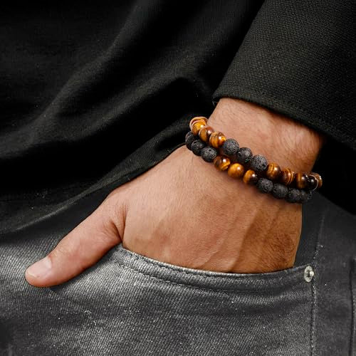 M MOOHAM Fathers Day Gift Mens Bracelet - Beaded Natural Stone 8mm Tiger Eye Matte Agate Lava Rock Bracelets for Men Teen Boys Grandpa Dad Birthday Gifts Jewelry - style: " Tiger eye&Lava Rock Bracelets