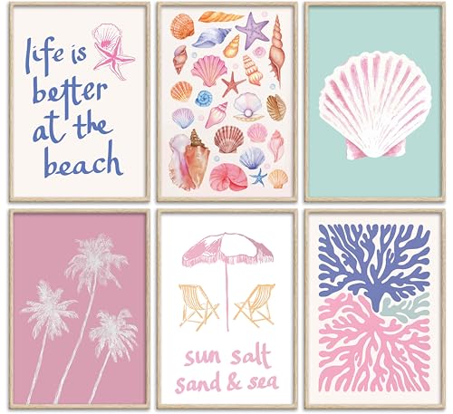 Pink Beach Preppy Wall Art Coastal Granddaughter Aesthetic Room Canvas Posters Colorful Coastal Seashell Pictures Prints Abstract Beach Painting Wall Decor for Girls Room Girls Dorm Home Unframed - color: coastal-poster, size: 16"L x 12"W