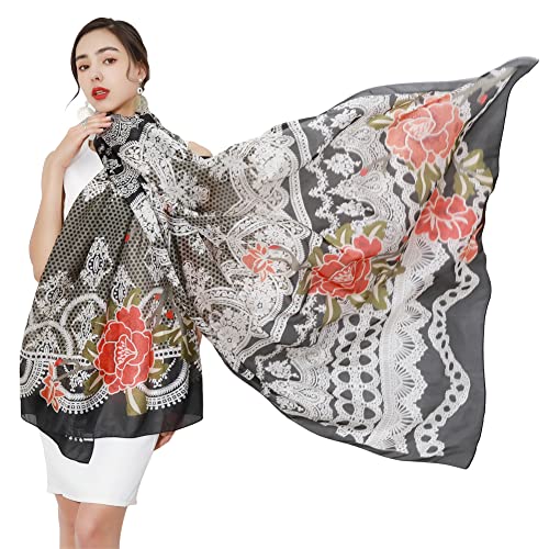 DANA XU Women's 100% Mulberry Silk Pashmina Shawl and Wraps Extra Large Floral Scarf for Evening Dresses, Soft Oversized - color: Black Lace Floral