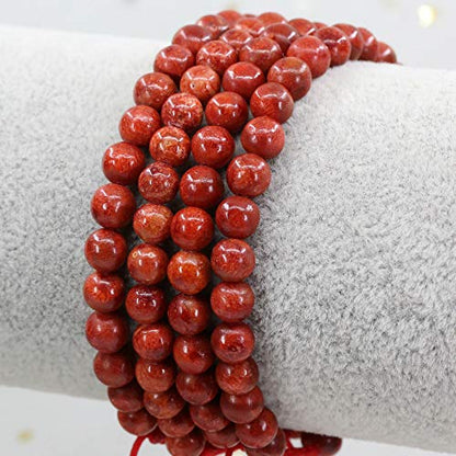 Keleny Natural Gemtone 6mm Round Beads Crystal Adjustable Braided Macrame Tassels Bracelets Unisex - color: Dyed Red Coral