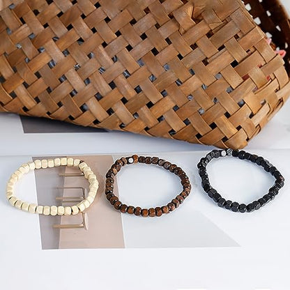 3 Pcs 5mm Wood Beads Bracelet for Men Women Elastic Stretch Mala Prayer Meditation Wristband