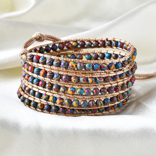 YGLINE Natural Stone Wrap Bracelet for Women Boho Bracelets Healing Crystal Beaded Bracelet Adjustable 3/5 Wraps Bracelet Handmade Birthday Gifts for Women - color: Malachite(5 wraps)