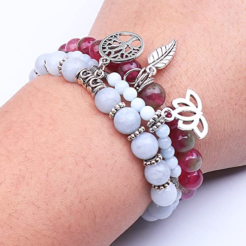 Tree of Life Yoga Healing Stone Bracelets,Multilayer Lotus Chakra Stone Reiki Bracelet Sets,Anxiety Crystal Natural Stone,for Women Stress Relief - style: Aquamarine + Tourmaline