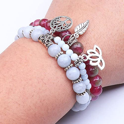 Tree of Life Yoga Healing Stone Bracelets,Multilayer Lotus Chakra Stone Reiki Bracelet Sets,Anxiety Crystal Natural Stone,for Women Stress Relief - style: Aquamarine + Tourmaline