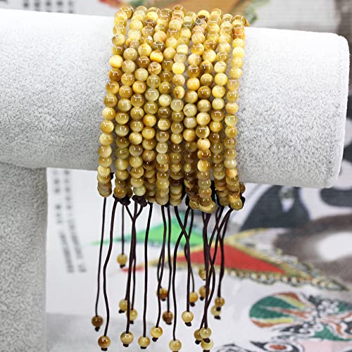 Keleny Natural Gemtones 4mm Round Beads Crystal Adjustable Braided Macrame Tassels Bracelets Unisex - color: Gold Tiger Eye