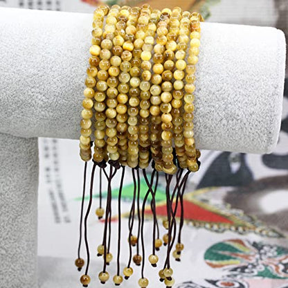 Keleny Natural Gemtones 4mm Round Beads Crystal Adjustable Braided Macrame Tassels Bracelets Unisex - color: Gold Tiger Eye