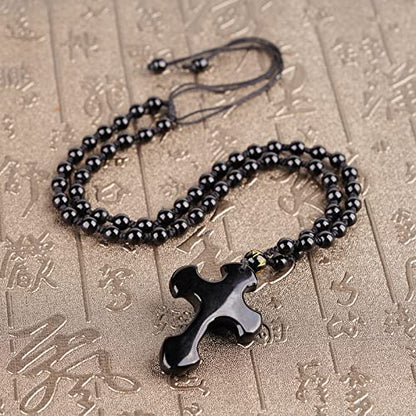 Black Obsidian Necklace Natural Crystal Amulet Protection Pendant with Adjustable Rope Lucky Talisman Necklaces Jewelry Gift for Men Women - color: Cross