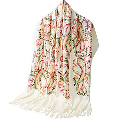 Embroidered Brushed Shawl Paisley Leaves Pattern Scarf Soft Ponchos Wrap Cape With Fringes - color: 030-ivory