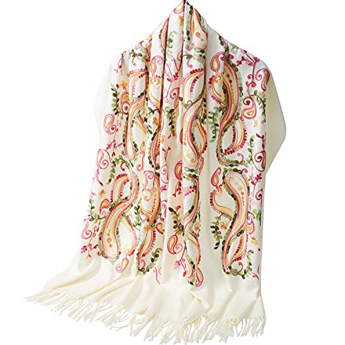 Embroidered Brushed Shawl Paisley Leaves Pattern Scarf Soft Ponchos Wrap Cape With Fringes - color: 030-ivory