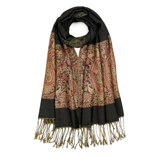 QIUTIMIY Paisley Pashmina Shawls and Wraps for Women Reversible Jacquard Festival Rave Pashmina Scarves with Fringe Vintage - color: Flower12-black