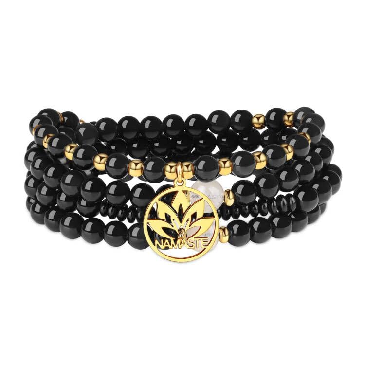 COAI Japamala Namaste Charm 108 Mala Beads Wrap Bracelet Stone Beaded Necklace - style: Black Obsidian