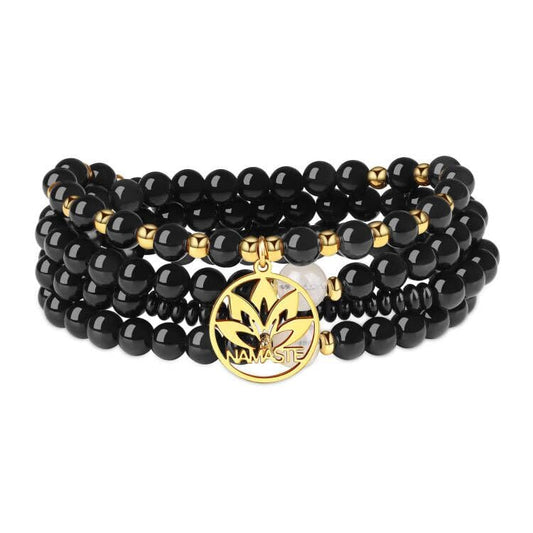 COAI Japamala Namaste Charm 108 Mala Beads Wrap Bracelet Stone Beaded Necklace - style: Black Obsidian