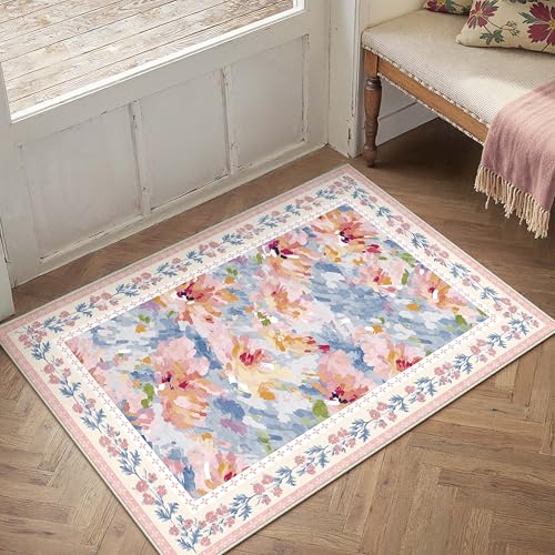 2x3 Washable Area Rug for Entryway Pink Blue Floral Abstract Soft Throw Rug Modern Non Slip Low Pile Small Carpet for Kitchen Bathroom Living Room Bedroom - color: Floral | Pink Blue, size: 2' x 3' (Rectangular)