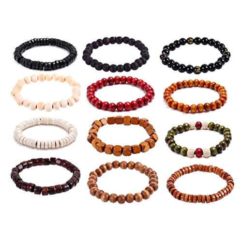 COLORFUL BLING Handmade Wooden Prayer Beaded Bracelet for Men Women Tibetan Buddhist Meditation Mala Beaded Stretch Bracelet Bangle Wood Jewelry - color: 12pcs