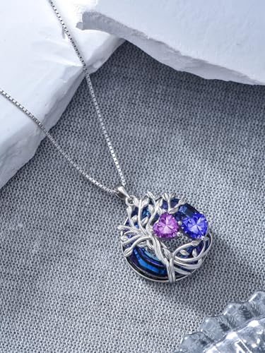 TOUPOP s925 Sterling Silver Family Celtic Tree of Life Pendant Necklaces with 2 Heart Birthstone with Blue Austrian Crystal Jewelry Birthday Valentines Day Gifts for Her, Anniversary Christmas Gifts for Wife Girlfriend Mom (18K Real White Gold Filled) - c