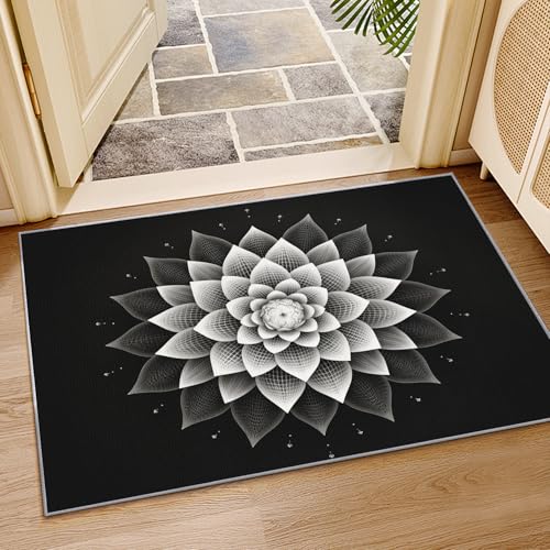 Mandala Rug Black - Mandala Floral Rug, 5x6 ft Washable Non-Slip Stain Resistant Meditation Area Rug, Chakra Yoga Carpet for Living Room, Bedroom, Playroom, Zen Spiritual Home Decor & Gifts