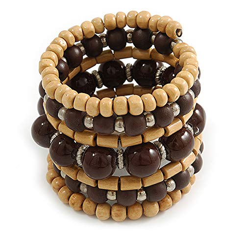 Avalaya Wide Coiled Ceramic, Acrylic, Wood Bead Bracelet (Brown, Natural) - Adjustable