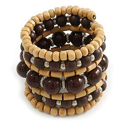 Avalaya Wide Coiled Ceramic, Acrylic, Wood Bead Bracelet (Brown, Natural) - Adjustable