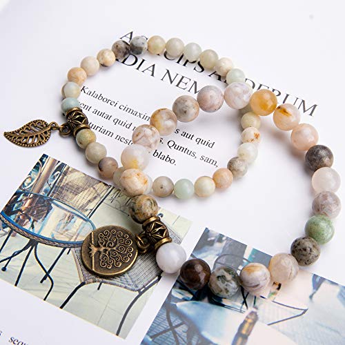 Bivei Natural Semi Precious Gemstone beads bracelet for women - Life Tree and Leaf Charm Energy Reiki Crystal Stretch Bracelets - color: Amazonite Bracelet Set, size: Medium:6.8-7.24inch