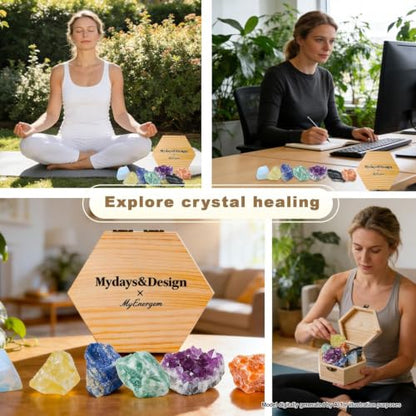MYDAYS&DESIGN 7 Chakra Healing Crystals Set for Meditation Yoga Reiki, Amethyst Cluster, Lapis Lazuli, Opal, Green Aventurine, Citrine, Sunstone, Black Tourmaline with Wooden Gift Box and Guidebook