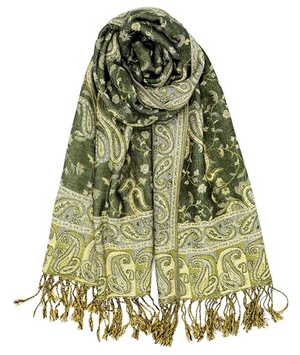 Achillea Reversible Paisley Pashmina Rave Scarf – Exotic Indian Shawls and Wraps for Evening Dresses, Festivals, All Seasons - color: Dark Olive