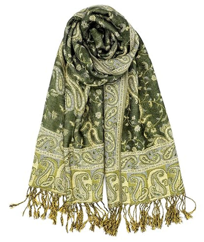 Achillea Reversible Paisley Pashmina Rave Scarf – Exotic Indian Shawls and Wraps for Evening Dresses, Festivals, All Seasons - color: Dark Olive