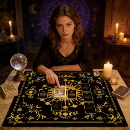 Tarot Altar Cloth Black Tablecloth Sun Lunar Phase Star Print Square Card Table Tablecloth with Velvet Tarot Card Bag for Reading Rituals Crystals Spiritual Divination Witchcraft Supplies - color: Sun Moon Stars