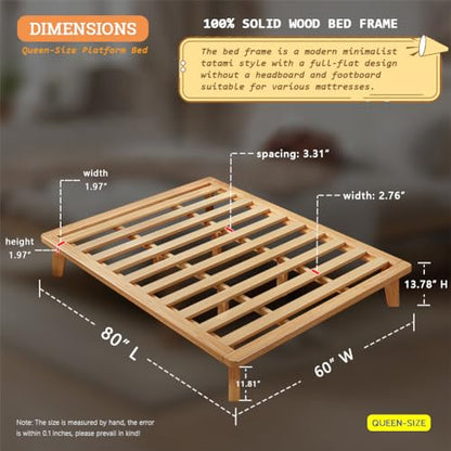 NELYE Queen Platform Bed Base - 14 Inch Solid Wood Mattress Foundation with Support Slats and Legs, Queen-Size Rubberwood Simple Bed Frame - size: Queen