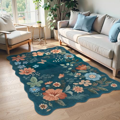 Lahome Floral Machine Washable Rug, 3x5 Rug Non Slip Soft Bedroom Rugs for Entryway Dorm, Ultra-Thin Boho Rugs for Living Room Throw Carpet for Nursery Entrance Flore, Navy Blue - color: Navy Blue, size: 3' x 5'（Rectangular）