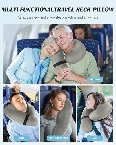 Patented Design Inflatable Travel Neck Pillow – Airplane Neck Pillow with 360° Head & Neck Support, Soft Washable Velvet Cover, Compact Neck Support Pillow for Airplane,Train,Car,Office & Home (Grey) - color: Gery