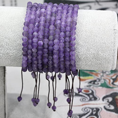 Keleny Natural Gemtones 4mm Round Beads Crystal Adjustable Braided Macrame Tassels Bracelets Unisex - color: A Grade Matt Amethyst