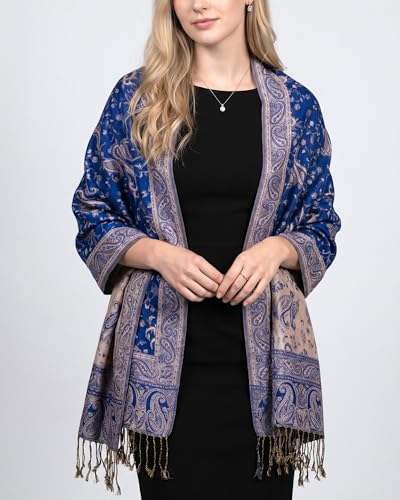 Achillea Reversible Paisley Pashmina Rave Scarf – Exotic Indian Shawls and Wraps for Evening Dresses, Festivals, All Seasons - color: Royal Blue