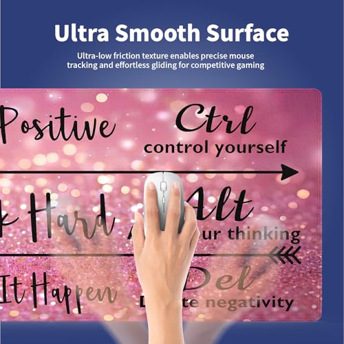 Extra Large Gaming & Office Mouse Pad (31.5" x 11.8") – Inspirational Quote Stay Positive Work Hard & Pink Glitter Design, Premium Anti-Slip XXL Desk Mat with Durable Stitched Edges - color: Inspirational Pink Glitter