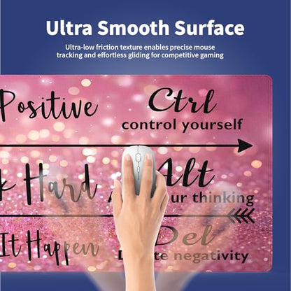 Extra Large Gaming & Office Mouse Pad (31.5" x 11.8") – Inspirational Quote Stay Positive Work Hard & Pink Glitter Design, Premium Anti-Slip XXL Desk Mat with Durable Stitched Edges - color: Inspirational Pink Glitter