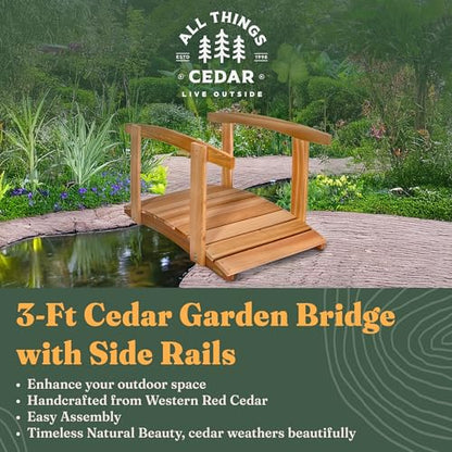 All Things Cedar Wooden Bridge, Outdoor Garden Walkway with Side Rails, 3', Natural - size: 3-Ft Bridge & Rails