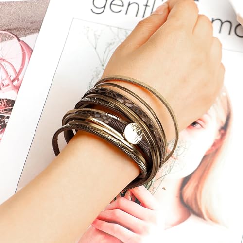 Fesciory Leopard Bracelet for Women, Boho Leather Wrap Multi-Layer Pearl Crystal Bracelet Bangle Jewelry - style: Disc(Brown)-Double Wrap