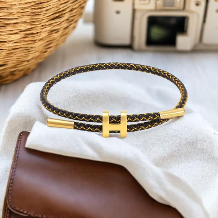 OSIRIDEH2 Bracelet with Adjustable Design Polished H Shape Buckle, Bracelets for Women, 18k Gold-plated Buckle Design Titanium Steel Wire Rope Women's Gift Jewelry - color: Black and gold