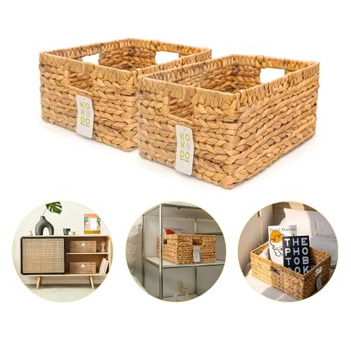 KOKODO Pack of 2 Large 15"L x 11"W Wicker Storage Baskets with Chalkboard, Stylish and Durable Water Hyacinth Rectangle Handwoven Basket Bin with Metal Frame & Handle for Room Organizing - color: Natural, size: Large Set 2, 15"Lx11"W