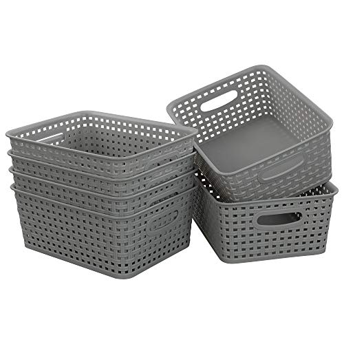 Morcte 6-Pack Gray Plastic Storage Basket, Plastic Woven Bin - color: Light Gray, size: 10.16" x 7.72" x 4.3"