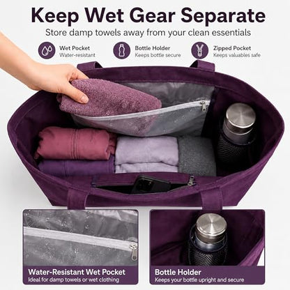 Yoga Mat Bag for Women, 100% Cotton Canvas Tote with Wet/Dry Pocket, Bottle Holder and Inner Zipper Pocket, 25L Carrier for Pilates and Travel - color: Purple