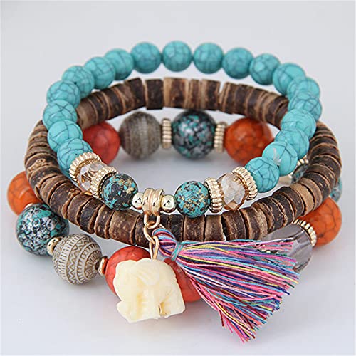 Bohemian Stackable Wood Wooden Beads Elephant Charm Tassel Stretchy Bracelet Set for Women Men Multilayered Multicolor Acrylic Resin Seeds Bracelet Ethnic Jewelry Gift - color: A elephant