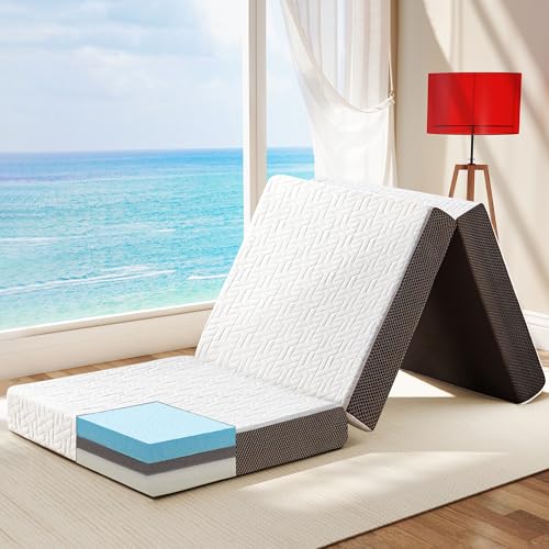 Hanherry 4 Inch Foldable Mattress Twin Size, Tri-Folding Portable Memory Foam Topper Floor Bed with Storage Bag, Washable Cover for Travel, Camping, RV, Guest - size: Twin (75 × 38 inch)