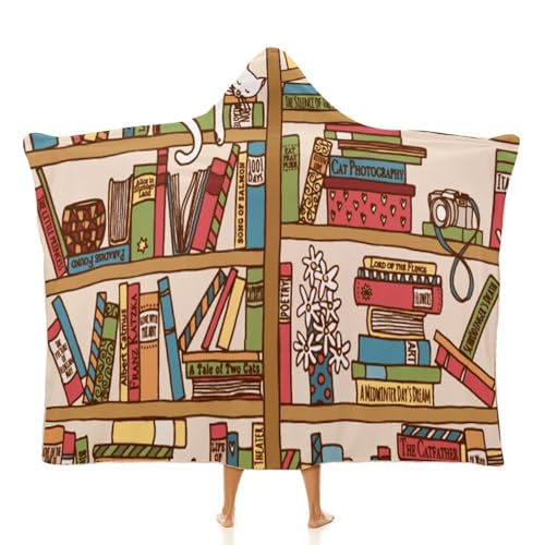 Sleeping Cat Library Bookshelf Large Size Comfortable Hooded Blanket, Warm Blanket 60"x80" - color: Sleeping Cat Library Bookshelf, size: 60"x80"