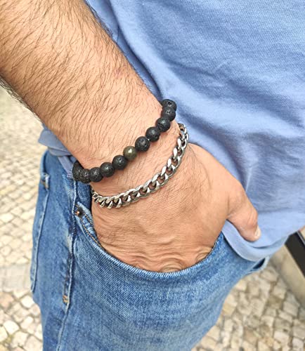 WFJ Black Obsidian Hematite Triple Protection Bracelets Set - Tiger Eye Beaded Natural Stone Bracelet for Men Women Gemstone (10MM) - color: Lava Stone and Pyrite Set of 2