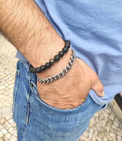 WFJ Black Obsidian Hematite Triple Protection Bracelets Set - Tiger Eye Beaded Natural Stone Bracelet for Men Women Gemstone (10MM) - color: Lava Stone and Pyrite Set of 2