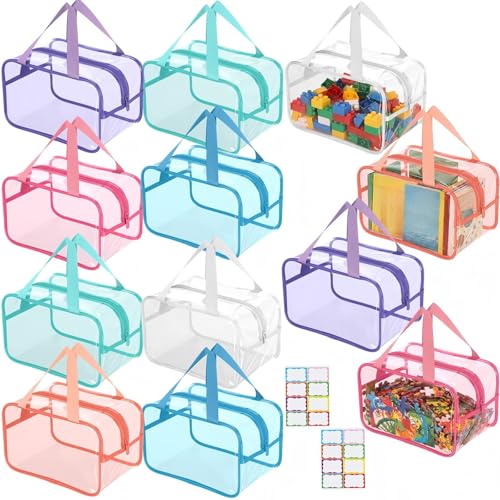 Shinylin 12 Pack Large Colorful Clear Toy Storage Bags with Labels 7.1 Inch Width Reusable Waterproof PVC Toy Organizer Bags with Zipper for Puzzle Board Game Storage Containers Blocks (Macaron Tones) - color: Macaron Tones