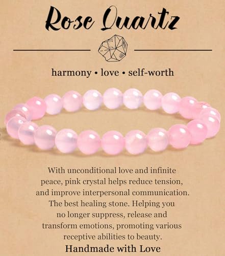 BOMAIL Natural Stone Bracelet for Women Men - 8MM Semi-Precious Gemstone Beaded Bracelet Healing Crystal Stretch Bracelet Yoga Bracelets Jewelry - color: Rose Quartz