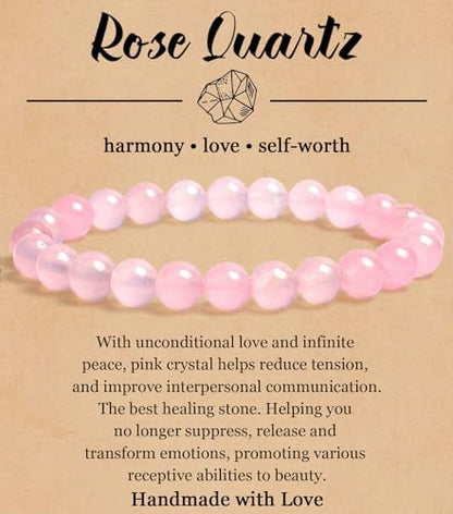 BOMAIL Natural Stone Bracelet for Women Men - 8MM Semi-Precious Gemstone Beaded Bracelet Healing Crystal Stretch Bracelet Yoga Bracelets Jewelry - color: Rose Quartz